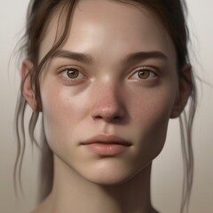 Fototapeta premium A highly detailed, hyper-realistic close-up portrait of an AI-generated human face. This digital artwork features lifelike skin textures, expressive eyes, and natural lighting.