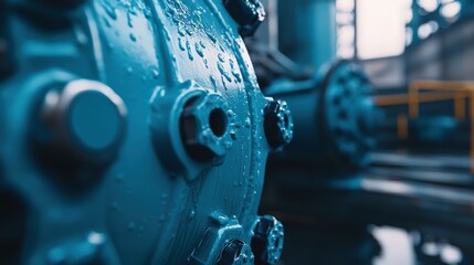 Detailed close up of industrial machinery with water droplets and blue tones