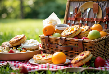 A delightful picnic spread featuring pastries, fruits, and a wicker basket