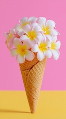 Plumeria Flowers in Waffle Cone on Pastel Yellow Background – Floral Ice Cream Concept