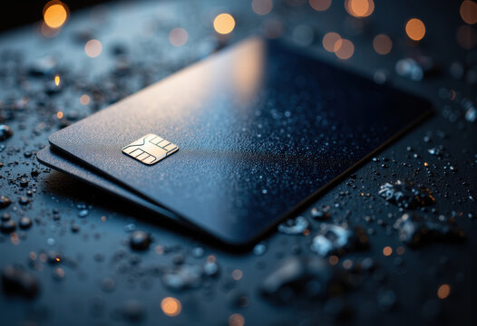 Close-up of a sleek black credit card on a textured surface with bokeh lights