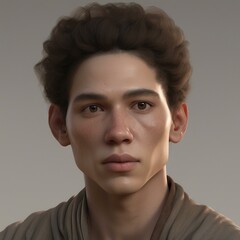 Fototapeta premium A highly detailed, hyper-realistic close-up portrait of an AI-generated human face. This digital artwork features lifelike skin textures, expressive eyes, and natural lighting.