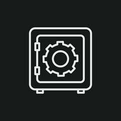 White Outline Icon Safe with Gear Inside on Black Background, Security Settings Concept
