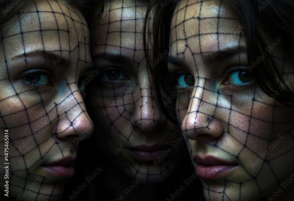 Poster three women with intricate net patterns on their faces, creating a striking visual