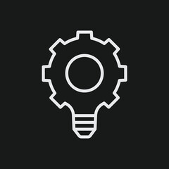 White Outline Icon Light Bulb with Gear Inside on Black Background, Innovation Concept