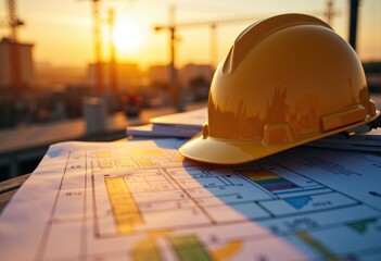 Construction helmet on blueprints at sunset, symbolizing safety and planning