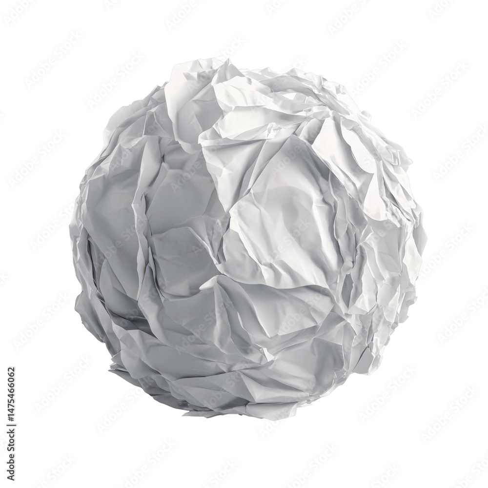 Poster crumpled white paper ball on a smooth gray surface creating a dynamic composition, white crumpled cr
