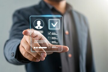 Know your customer (KYC) concept. Businessman use laptop with identity verification symbol for Increase financial security and access personal financial data. Biometrics security.
