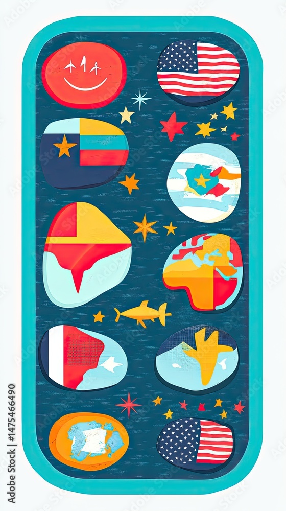 Poster an artistic digital illustration featuring various country flag designs arranged in a vertical recta