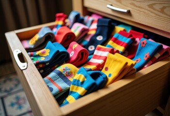 Fototapeta premium Colorful socks neatly arranged in a wooden drawer, showcasing vibrant patterns
