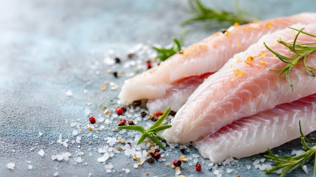 Raw cod fillets, seasoned with herbs and spices, ready for the gourmet kitchen, top view.