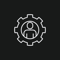 Minimalist Gear & Person Icon Black and White Technical Illustration on Dark Background, Industrial Engineering Vector Render Featuring Clean Line Art Human Silhouette 