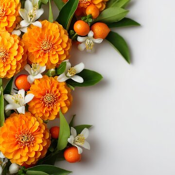 orange and zagara flowers frame corner, white background 