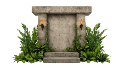 Ancient Stone Altar with Tropical Plants and Torches