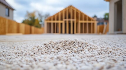 Construction site featuring gravel and wooden framework structure