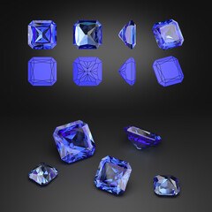 Demonstration of blue radiant-cut sapphire from different angles. Scheme of cutting. Scattering of gemstones. Black background. 3d rendering.