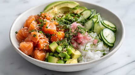 A vibrant and fresh poke bowl featuring salmon, avocado, and cucumber, a delicious and healthy meal.
