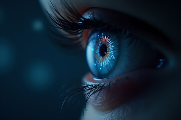 closeup of a human eye with Lasik vision laser correction procedure and beams going into the cornea as wide banner with copy space area the cornea as wide banner with copy. generative AI