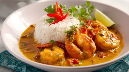 A vibrant, appetizing bowl of shrimp scampi with rice, garnished with fresh herbs and a lime.