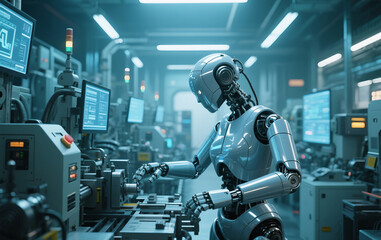 AI-powered robot optimizing production in a futuristic factory