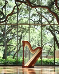 Elegant Harp in a Bright Room with Large Windows and Natural Light in a Green Environment