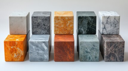 A collection of various marble cubes arranged in a grid showcasing different colors and textures