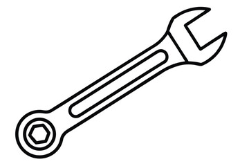 A simple outline of an open ended black wrench is showcased on white