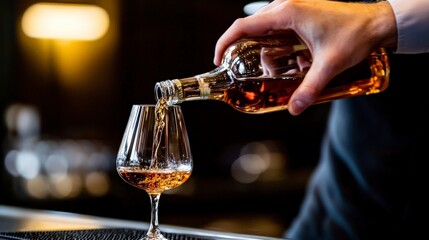 Bartender Pouring Whisky from Bottle into Glass with Smooth Flow