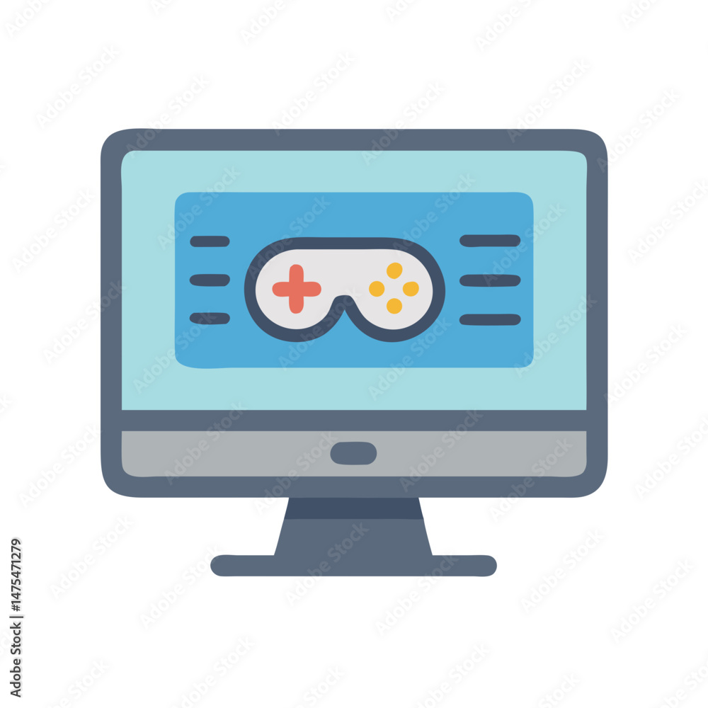 Poster desktop computer with game controller, gaming icon concept