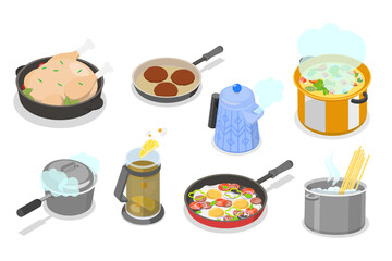 3D Isometric Flat  Set of Cooking Pans and Pots, Preparing Home Food
