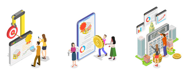 3D Isometric Flat  Illustration of Real Estate Investment, Comprehensive Real Estate Search