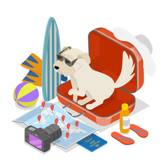 3D Isometric Flat  Illustration of Ready To Trip, Joyful Dog In Shades Relaxing In Unzipped Suitcase