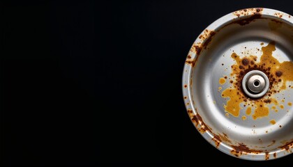 top view of dirty kitchen sink with greasy splashes and food stains, isolated on black background, concept of cleaning or household hygiene