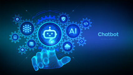Chatbot. Chatbot assistant. Smart assistant. AI. Artificial intelligence technology concept. Neural network. Hand touching digital interface with connected gears cogs and icons. Vector illustration.