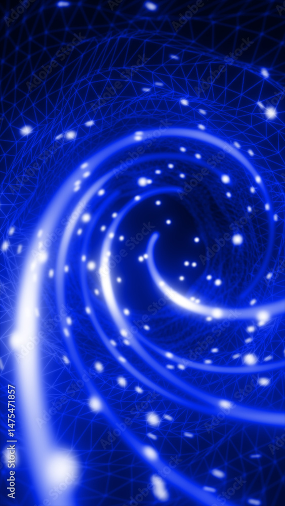 Poster blue digital vortex made of swirling lines and glowing points within a geometric mesh grid, conveyin