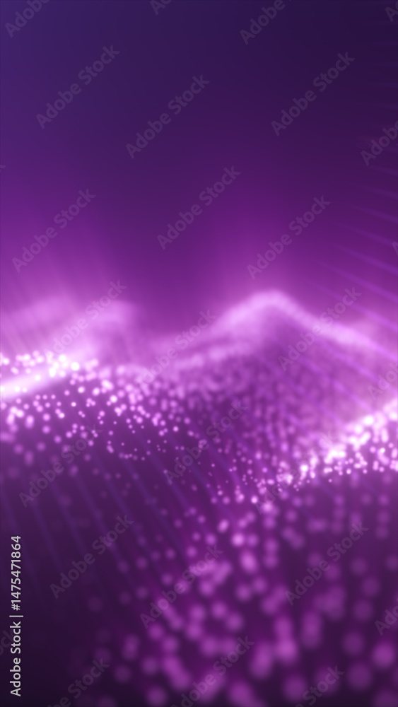 Poster digital purple glowing wave of particles with soft depth of field. futuristic data or energy flow vi