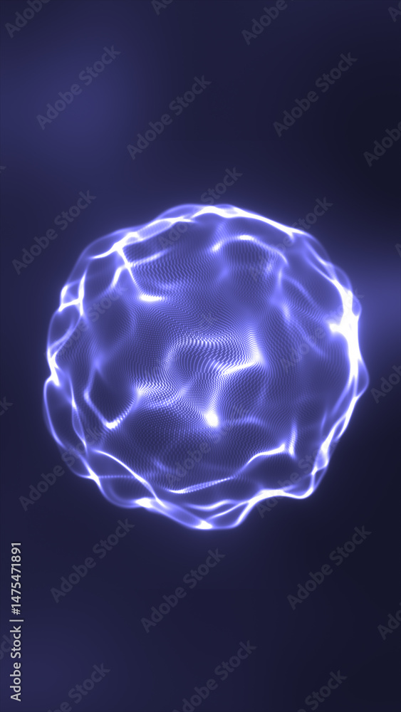Poster glowing abstract energy sphere composed of soft flowing light strands and digital particles on a dar