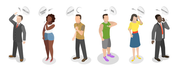 3D Isometric Flat  Illustration of Sign Language, Character Showing Simple Sign Language Phrases, Greetings, Thank You, Help, Family