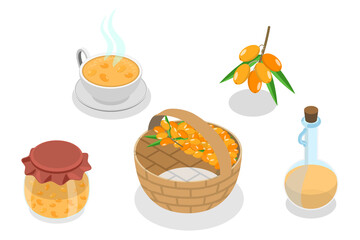 3D Isometric Flat  Illustration of Sea Buckthorn Products, Natural Product Set