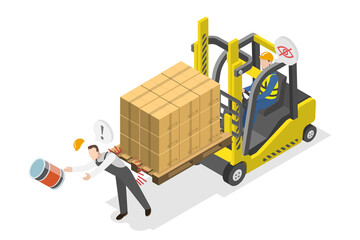 Fototapeta na wymiar 3D Isometric Flat Illustration of Industrial Accident, Man Injured After Warehouse Forklift Truck With Cargo Collision