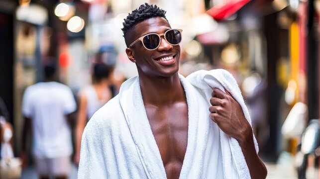 Cheerful Man in Bathrobe and Sunglasses Walking Confidently Outdoors