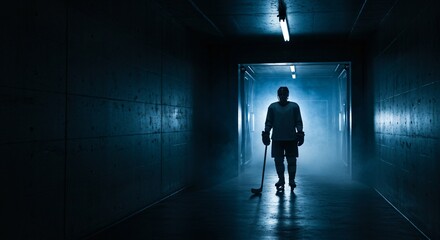 Lone hockey man on ice skates stands with stick in hand at the entrance of a dark concrete tunnel leading to brightly lit ice surface arena.