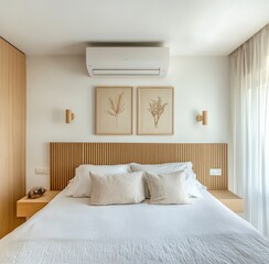 Modern bedroom interior with light wood accents.
