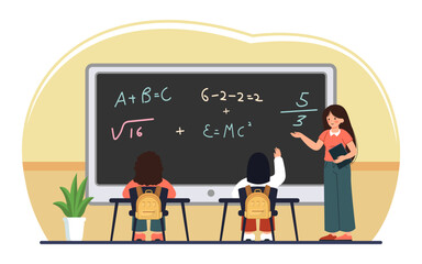 Young teacher conducting lesson for kids in classroom. Students learning math. Chalkboard with equations. Woman teaching children. School pupils discussing homework. Flat isolated vector illustration.
