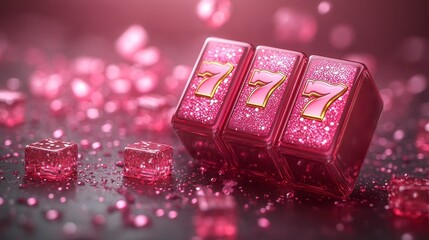 Pink slot machine showing three sevens, on a surface filled with small squares