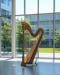 Ornate golden harp centered in a bright interior with a glass wall backdrop. Green trees and a modern building can be seen through the window. Soft sunlight illuminates the scene.