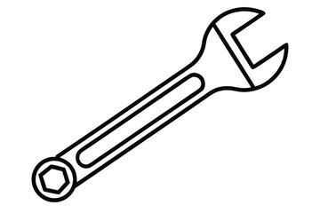 Black outline shows a simple wrench having an hexagonal socket on a white backdrop