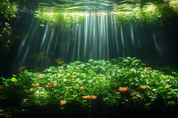 Obraz premium Underwater garden illuminated by beams of sunlight