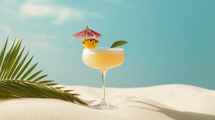 Tropical cocktail with pineapple and umbrella on white sand with palm leaf accent