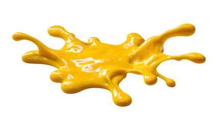 A single, vibrant edible paint splatter (e.g., bright yellow mango coulis) in a dynamic abstract shape on a conceptual white surface, isolated, modern food art.